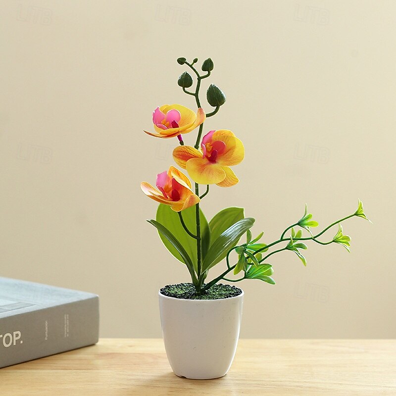 Artificial Orchid Potted Flower Plant, Faux Phalaenopsis Flower Arrangement, Realistic Silk Orchid in Pot for Home Office Table Centerpiece Decor3