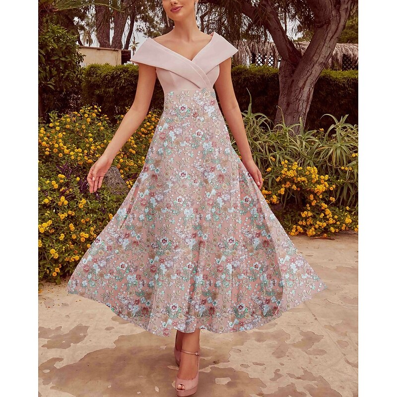 Floral A-Line Embroidered Cocktail Dresses Elegant Dress Formal Wedding Guest Ankle Length Short Sleeve Off Shoulder Sequined with Glittery Dresses
