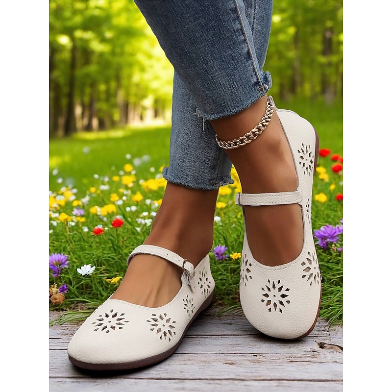 Women's Comfort Mary Jane Wide-Toe Flats with Floral Cutouts – Soft Sole Casual Barefoot Shoes for Ladies – Great for Brunch, Farmers Markets and Outdoor Leisure4