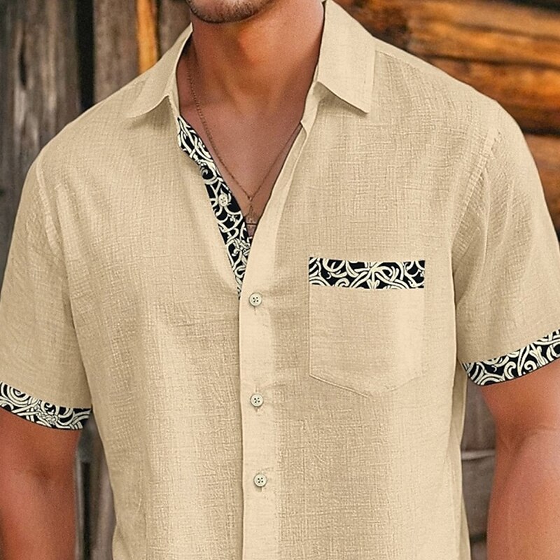 Men's Geometric Retro Flower / Floral Shirt Summer Shirt Button Up Shirt Short Sleeve Fashion Casual Vacation Holiday Streetwear Summer Turndown 3D Print Front One Pocket Linen Like Shirt Khaki2