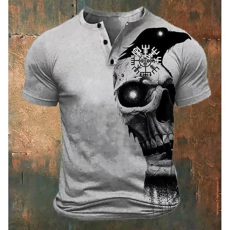 Men's Halloween Cool Skulls T Shirt Henley Shirt Short Sleeve Designer Retro Vintage Casual Street Casual Daily Summer Spring All Seasons Gray Henley Henley T-Shirt