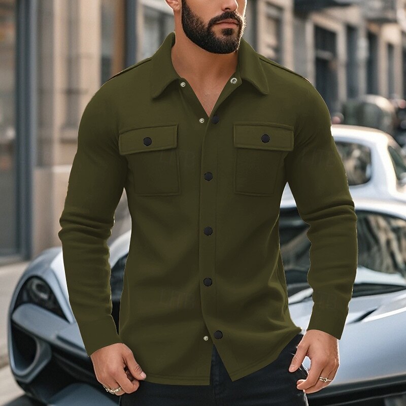 Men's Shirt Jacket Transition Jacket Daily Lightweight Pocket Summer Spring Plain Casual Lapel Light Grey Army Green Jacket3