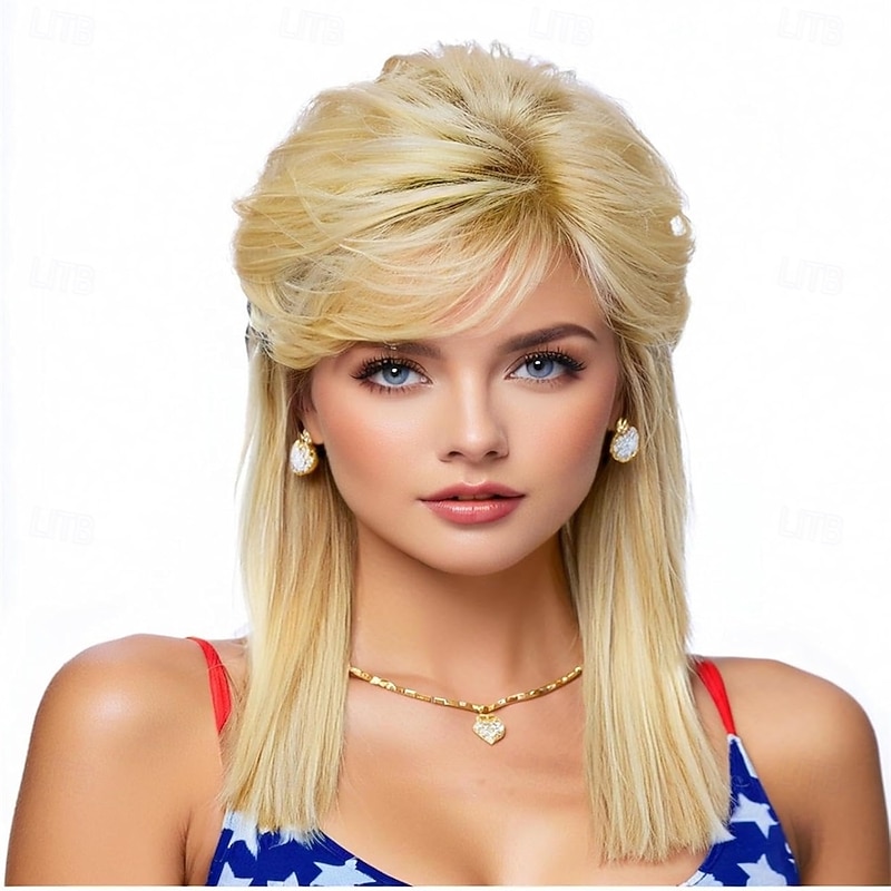 Mullet Wigs for Women Curly Synthetic Heat Resistant Shoulder Length Hair 80s Rocker Cosplay Wigs Halloween Wigs