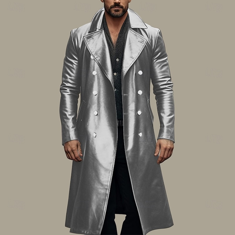 Men's Faux Leather Jacket Transition Jacket Going out Spring &  Fall Faux Leather Windbreaker Outerwear Clothing Apparel Solid Color Lapel Double Breasted3
