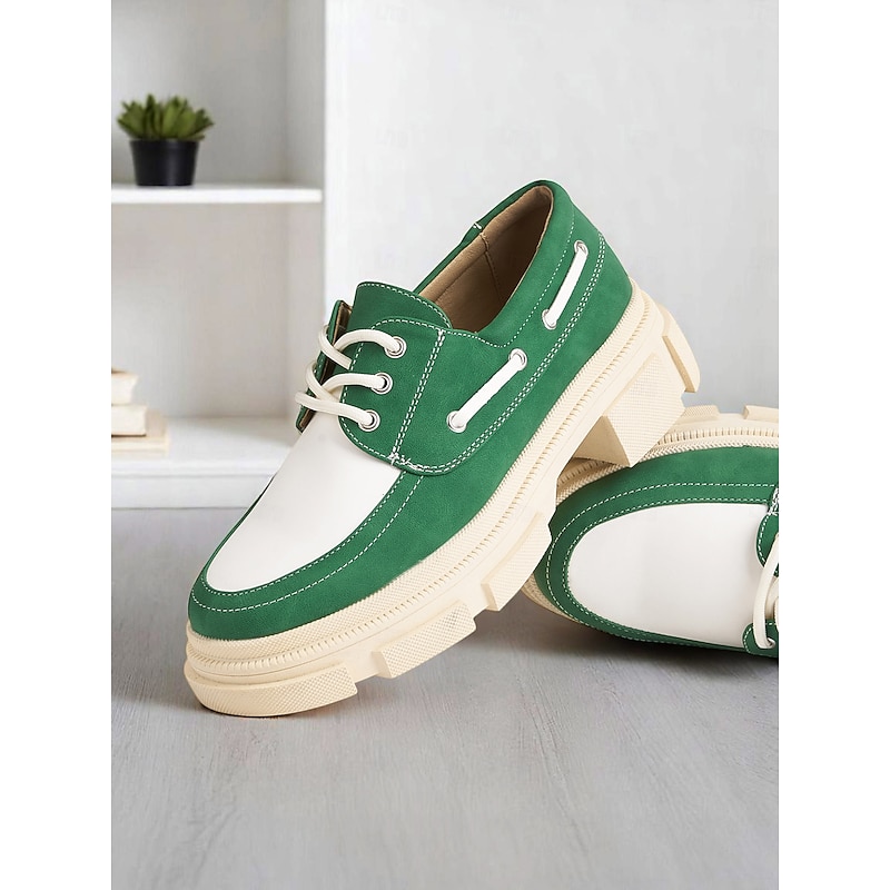 Women's Oxford Style Platform Shoes - Trendy Green and White Color Block with Chunky Sole, Ideal for Commuter Wear and Casual Office Days