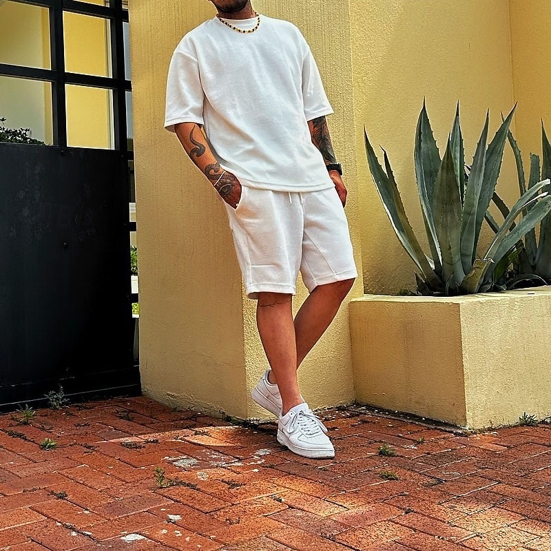 Men's T-shirt Suits 2 Pieces Outfits Tee & Shorts Short Sleeve Crew Neck Summer Plain Fashion Casual 2 Piece Vacation Daily Wear Going out Beige Top Tee for Men3