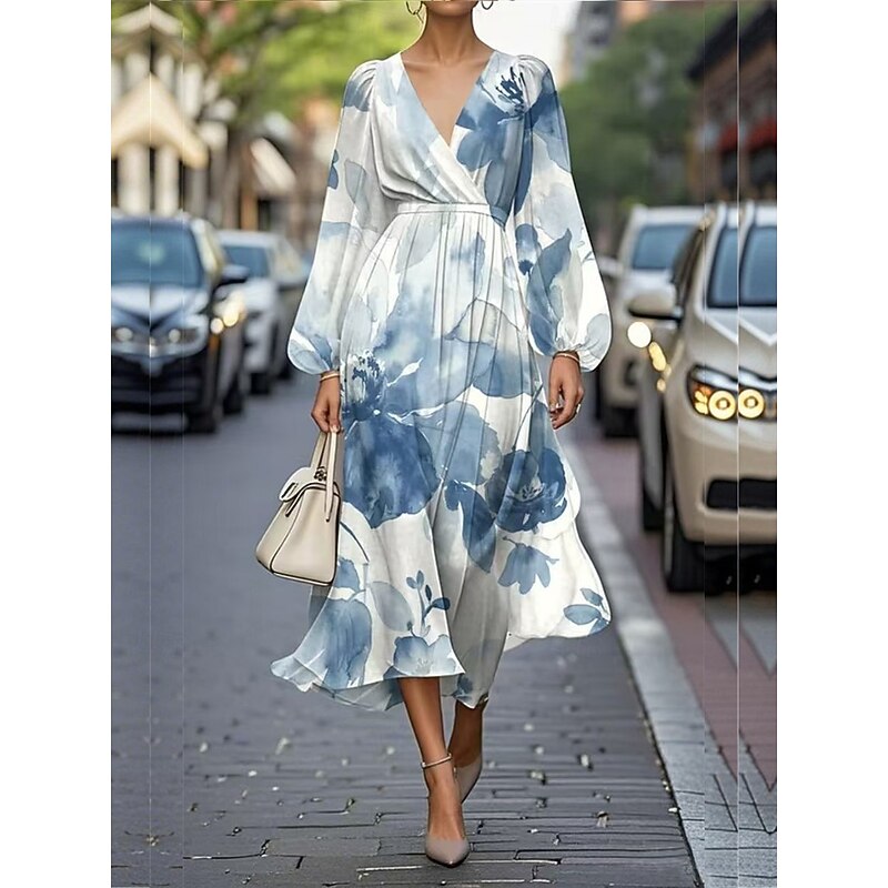 Women's Maxi Dress A Line Dress Casual Outdoor Going out Regular Fit Floral Graphic Long Sleeve V Neck Blue Dark Green Fuchsia Green Summer4