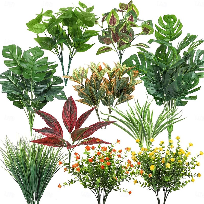 18 Bundles Artificial Plants for Outdoors, Faux Greenery Shrubs Set for Home Patio Garden Wall Decor, UV Resistant Green Plant Stems for Outdoor Indoor Decoration Fence Backdrop