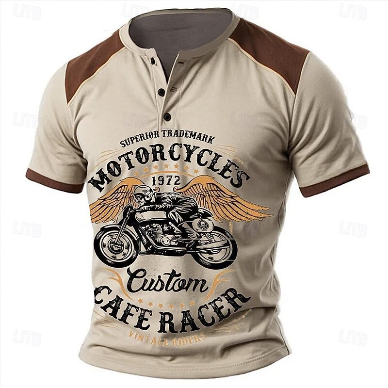 Men's Motorcycle T shirt Henley Shirt Short Sleeve 3D Print Designer Retro Vintage Street Casual Daily Summer Spring Blue Green Khaki Henley Henley T-Shirt
