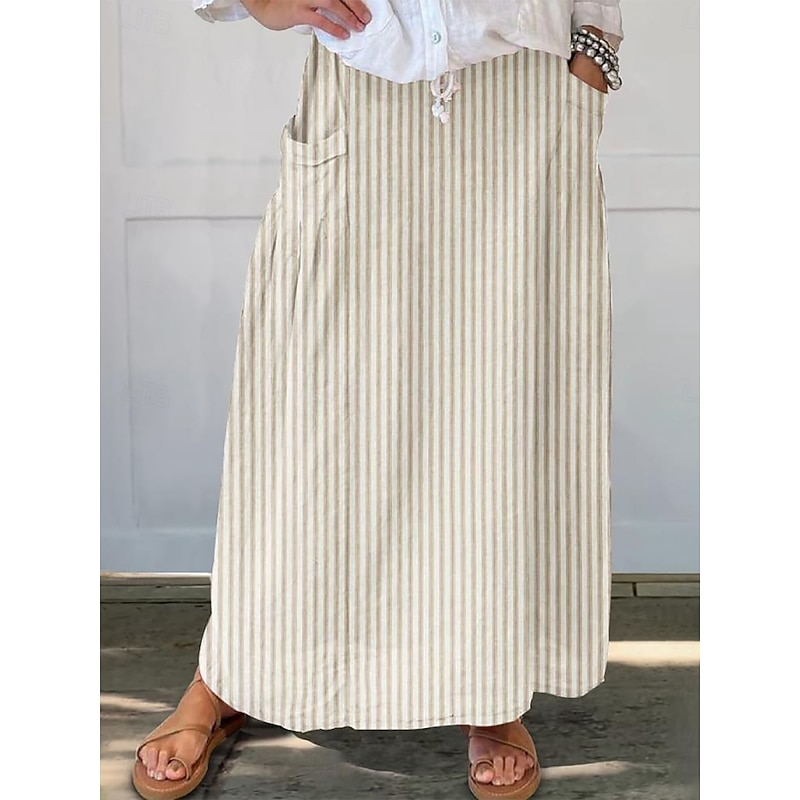 Women's Skirt A Line Bohemia Vintage Casual Maxi High Waist Skirts Striped Pocket Print Micro-elastic Street Daily Blue Brown Apricot Gray Summer Polyester Cotton Blend4