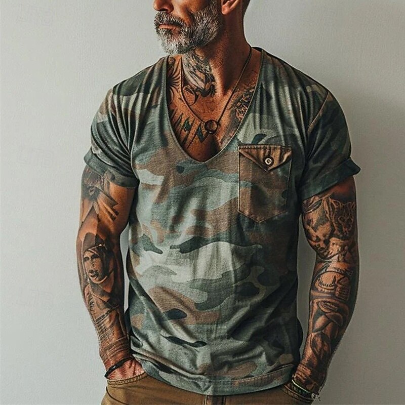 Men's T Shirt Tee Short Sleeve Shirt Tee Top Short Sleeve V Neck Summer Camo Fashion Designer Pocket Vacation Street Going out khaki Army Green Top Tee for Men4