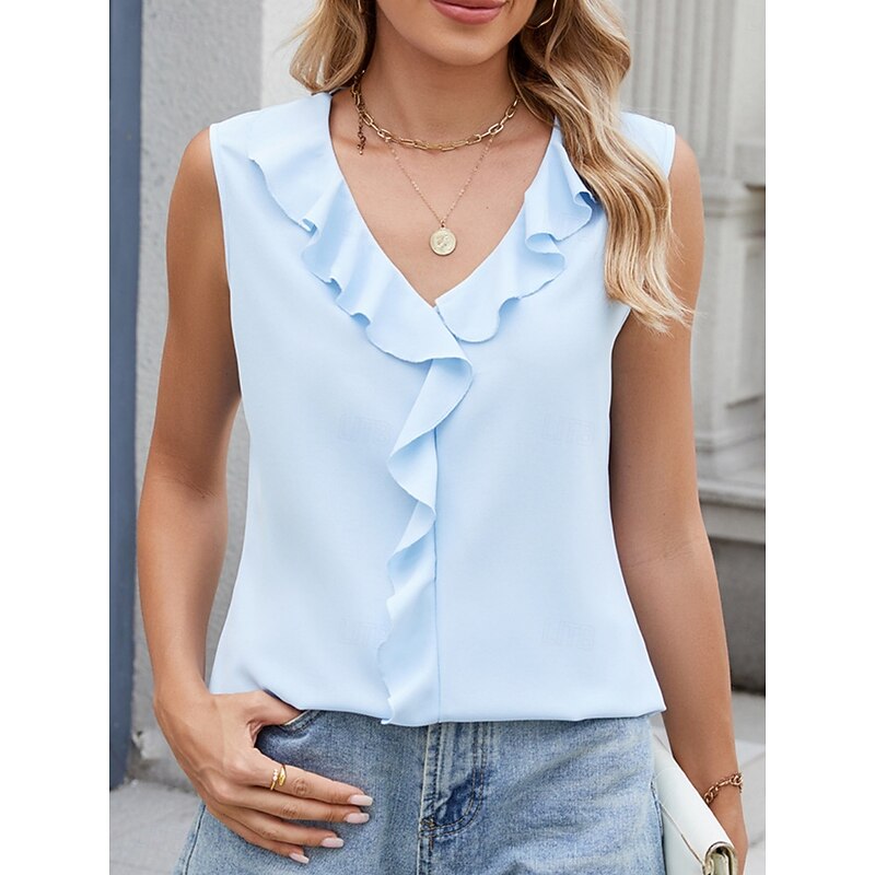 Women's Camisole Tank Top Solid Color Daily Casual Sleeveless V Neck Regular Tops Daily Ruffle Black White Blue Fuchsia Summer2