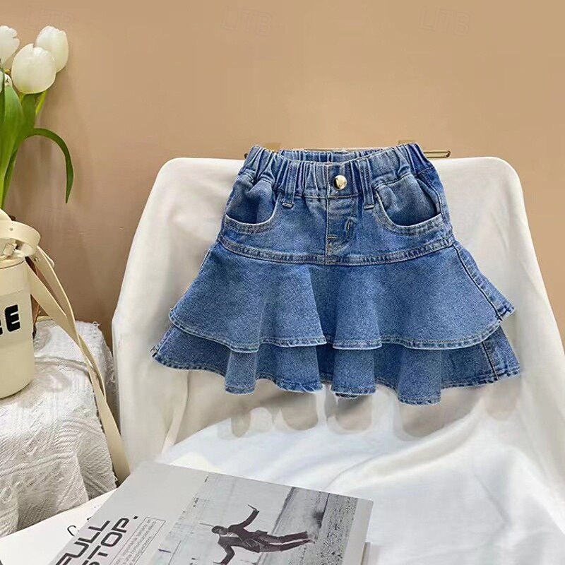 Kids Girls' Skirt Solid Color Cute Ruched School 4-12 Years Summer Blue