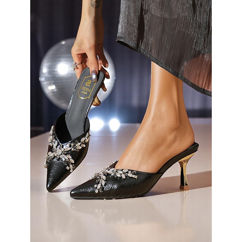 Women's Black Rhinestone Pointed-Toe Mules – Slip-On Kitten Heels with Crystal Embellishments for Elegant Cocktail Parties and Evening Events