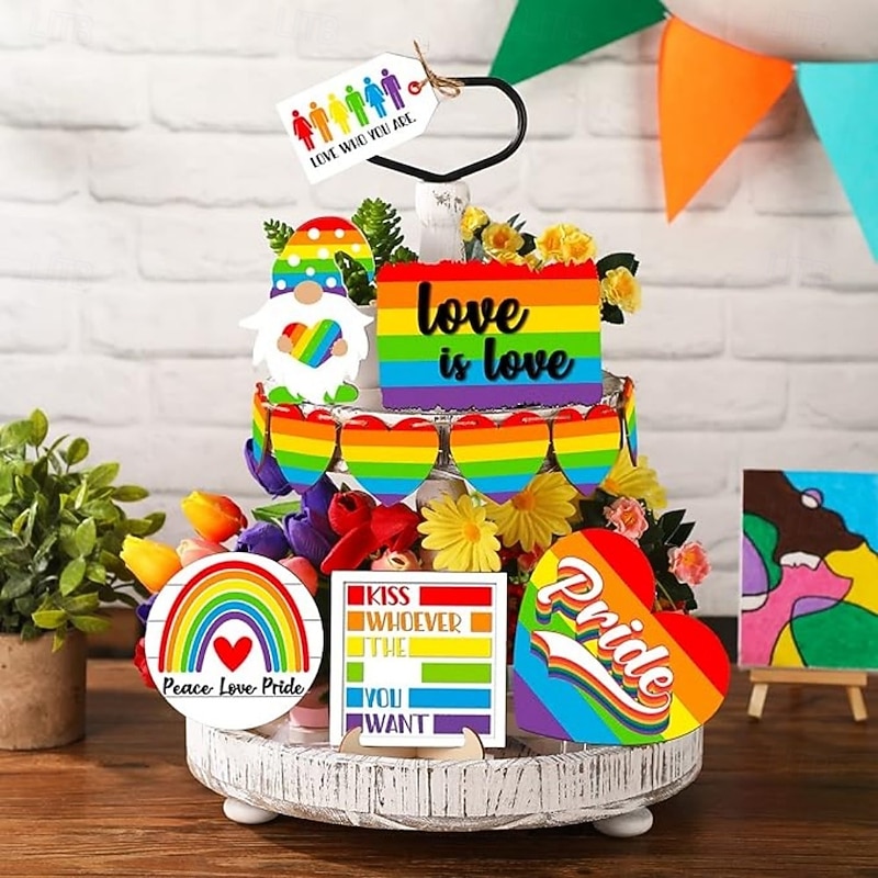 Pride Tiered Tray Decor Rainbow LGBTQ Wooden Tray Centerpieces Decoration Colorful Heart Wood Tabletop Love is Love Signs Blocks with Holder for Pride Month Party Office Home Decor