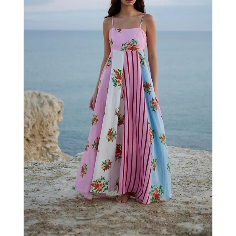 Women's Long Dress Maxi Dress Cotton Linen Dresses Casual Dress Fashion Outdoor Party Holiday Regular Fit Flower Sleeveless Spaghetti Strap Pink Summer