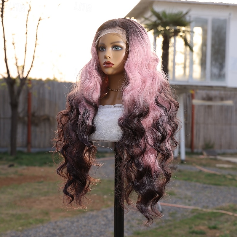 Synthetic Lace Wig Body Wave Style 30 inch Pink Middle Part 13x4 Lace Front Wig Women's Wig Pink+Red3