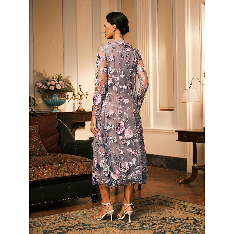 Women's Midi Dress Sheath Dress Dress With Jacket Cocktail Semi Formal Formal Party Wedding Guest Regular Fit Floral Long Sleeve Crew Neck Gray Pink Spring Fall Winter2