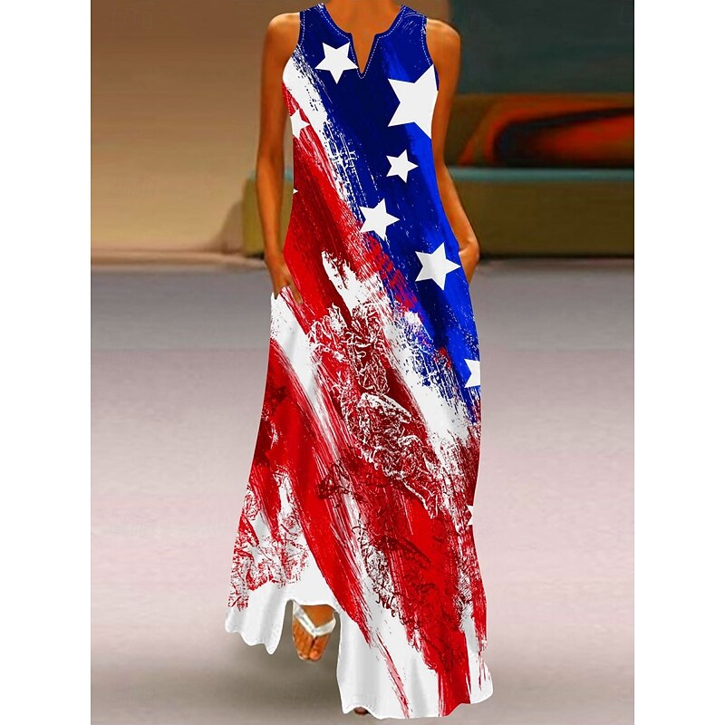 Women's Patriotic  Maxi Dress Shift Dress Summer Dress Casual Daily Holiday Regular Fit Flag Sleeveless Crew Neck Wine Red Navy Blue Blue Summer3