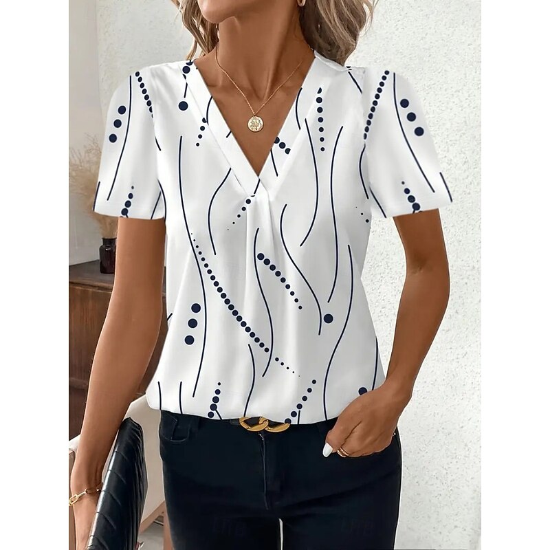 Women's T Shirt Floral Graphic Geometric Fashion Modern Casual Short Sleeve V Neck Regular Tops Daily Weekend White / Black Black White Red Summer4