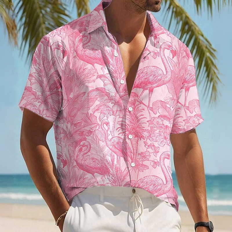 Men's Flamingo Bird Tropical Plants Shirt Summer Hawaiian Shirt Button Up Shirt Short Sleeve Hawaiian Resort Vacation Holiday Beach Wear Summer Spring Turndown 3D Print Collared Shirts Pink Blue