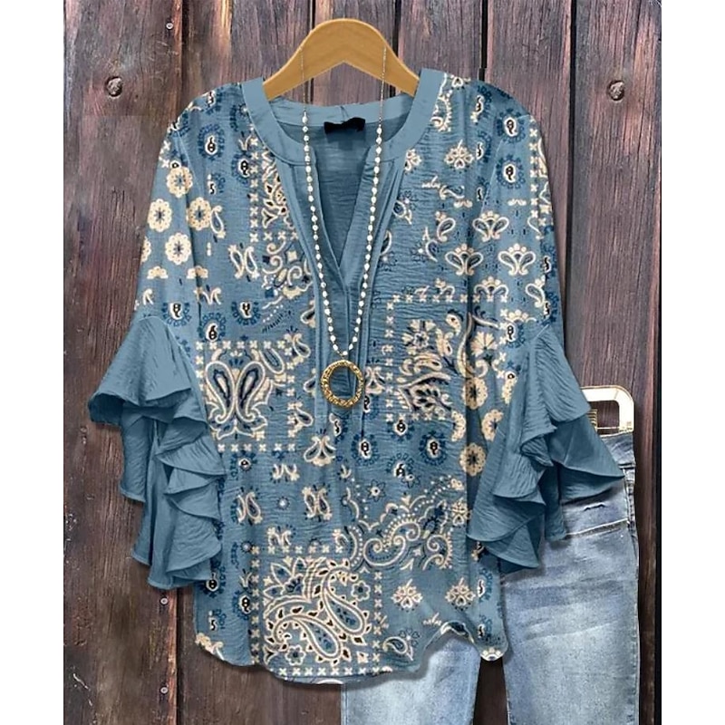 Women's Retro Blouse Layered Ruffle Sleeve Tops Vintage Floral Graphic Bohemia Vintage Daily 3/4 Length Sleeve Regular Tops Daily Holiday Vacation Wear Print White Blue Dusty Blue Orange