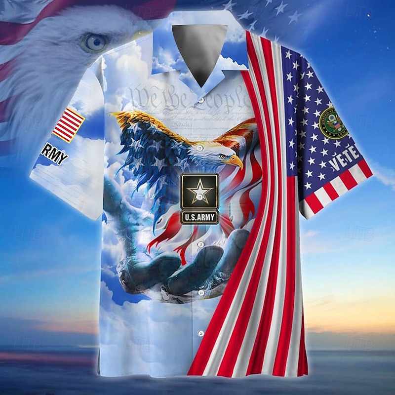 Men's Eagle American Flag Independence Day Shirt Cuban Collar Shirt Short Sleeve Vintage Retro Vacation Holiday Festival Summer Spring Camp Collar Shirt 3D Print Blue