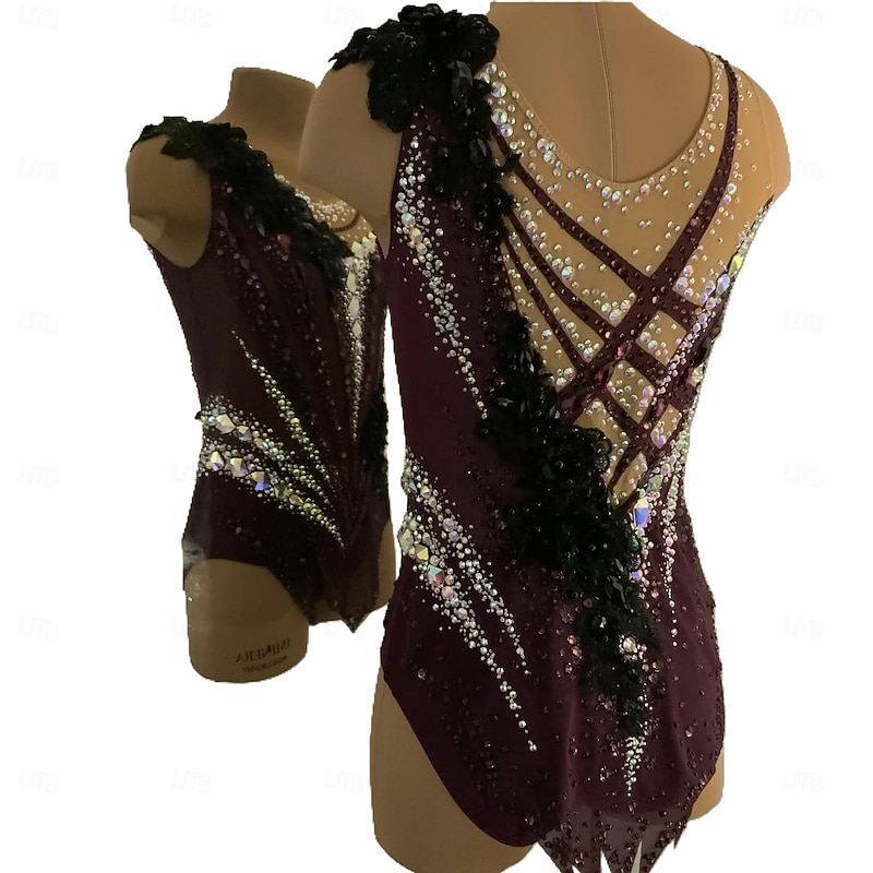 Rhythmic Gymnastics Leotard Women's Girls' Ice Skating Gymnastics Leotard Dark Purple Thumbhole Halo Dyeing High Elasticity Professional Competition Skating Wear Crystal / Rhinestone Sleeveless Ice Skating