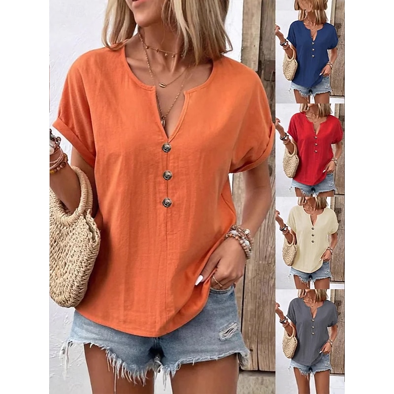 Women's Blouse Solid Color Plain Elegant Vintage Casual Short Sleeve V Neck Notched Neck Regular Tops Daily Holiday Buttons White Red Navy Blue Orange Beige Summer Spring