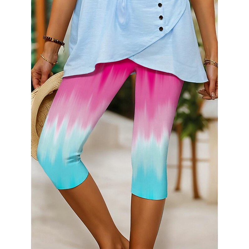 Women's Capri Pants Leggings Vacation Vintage Fashion Calf-Length High Waist Floral Graphic Color Block Printing Breathable Soft Stretchy Outdoor Vacation Street Silver Pinky Cobalt Blue Summer Spring2