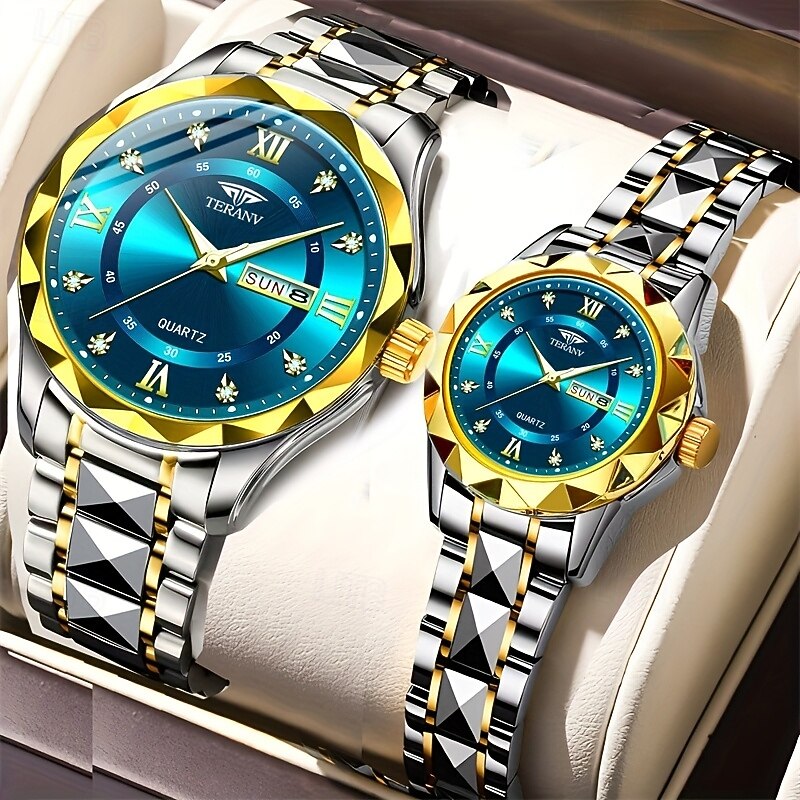 Two Round Roman Dials Set With Water Diamonds Luminous Display Couple Watch Ipx7 Waterproof Quartz Watch Calendar Date Fashionable Stainless Steel Strap Business Watch Suitable For Ladies And Men Dat3