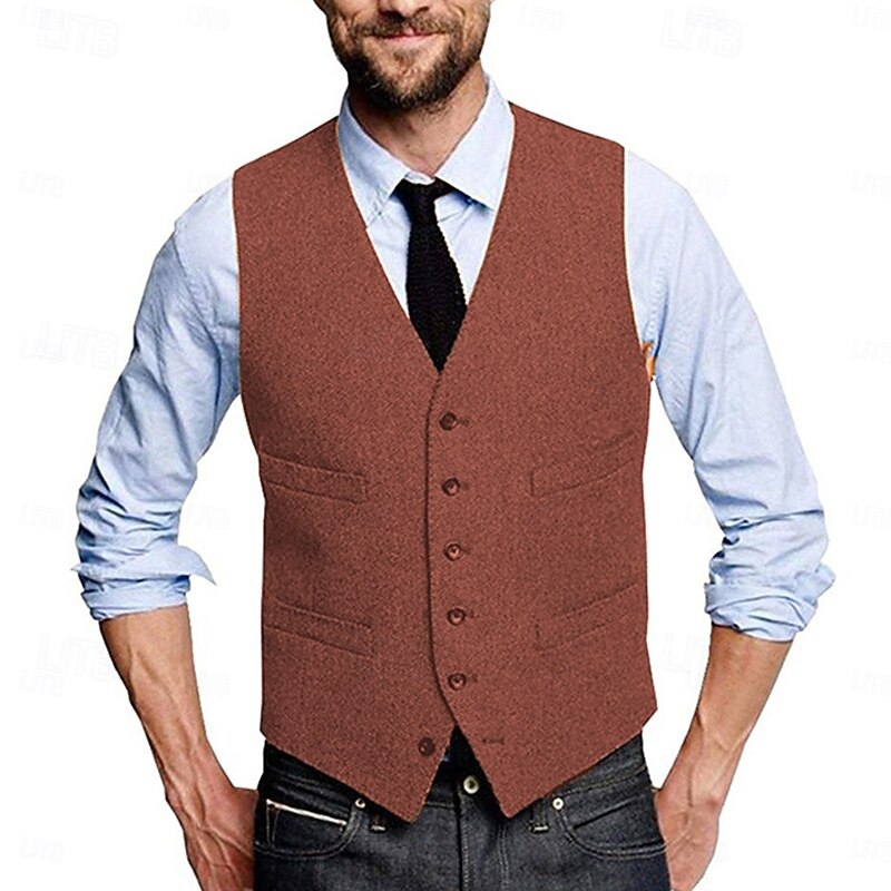 Men's Vest Waistcoat Gilet Vacation Daily Wedding Party Date Fashion Casual Spring Fall Buttons Pocket Polyester Comfortable Plain Single Breasted One-button V Neck Regular Fit Silver Black Red3