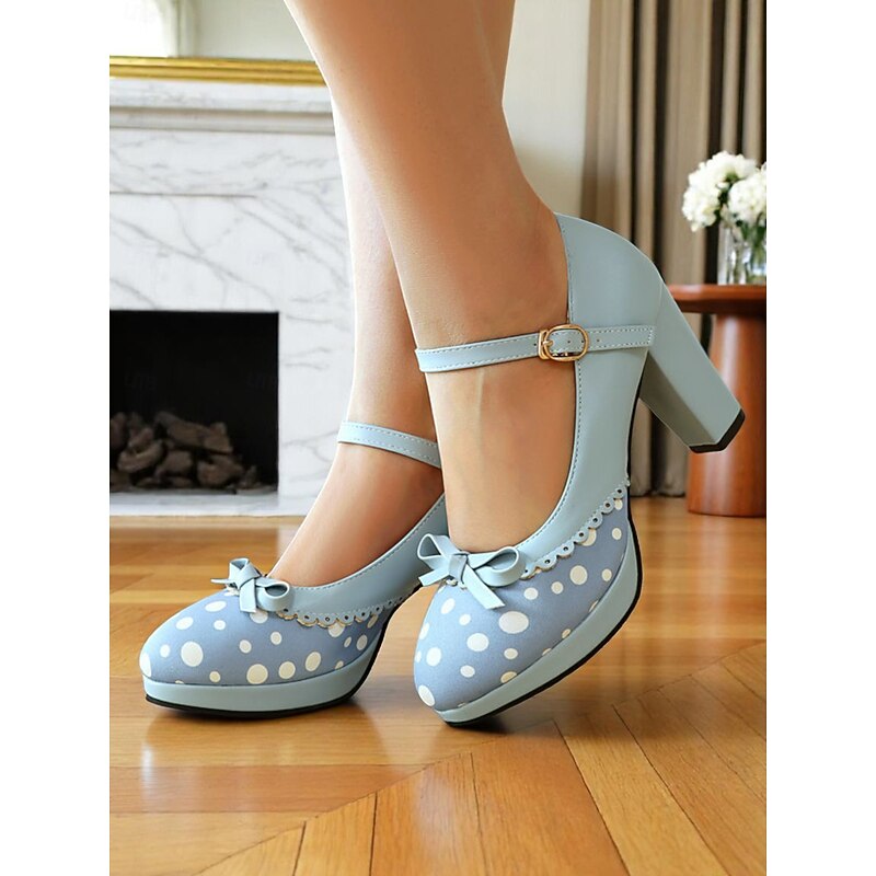 Women's Blue Polka Dot Block Heel Mary Janes – 1950s Vintage Style with Bows, Ideal for Tea Parties, Dates & Lolita Fashion4