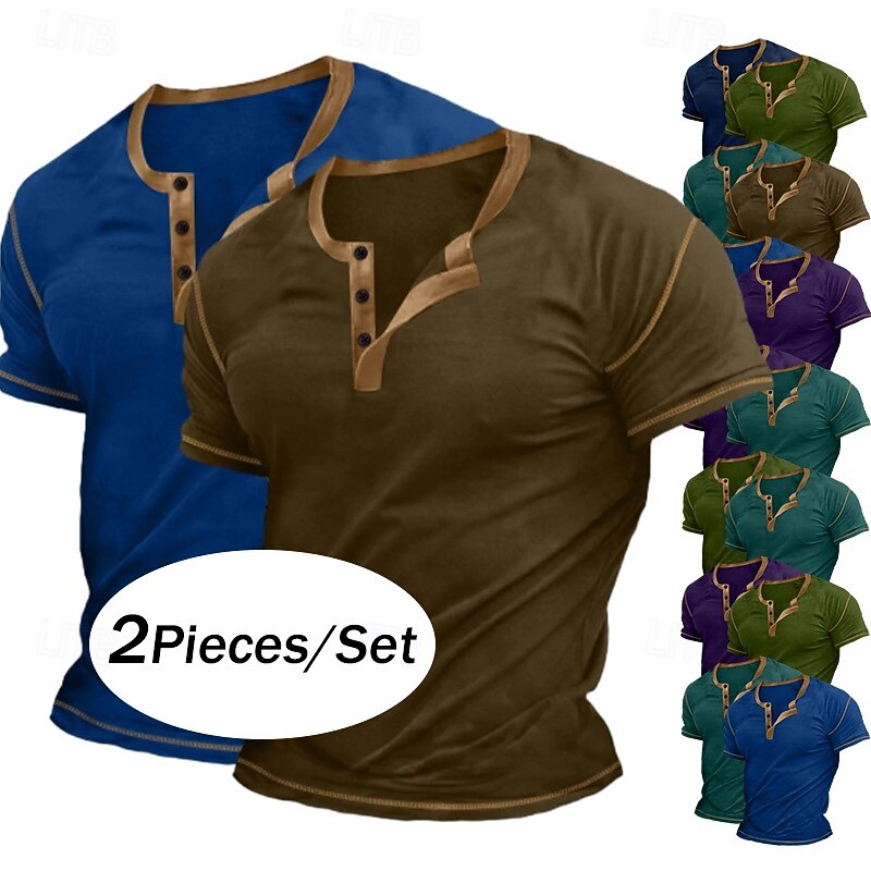 2 Piece Men's Henley Shirt Tee Top Short Sleeve Plain Raglan Sleeve Fashion Designer Basic Button Up  2 Pack Henley Vacation Street Casual Summer All Season