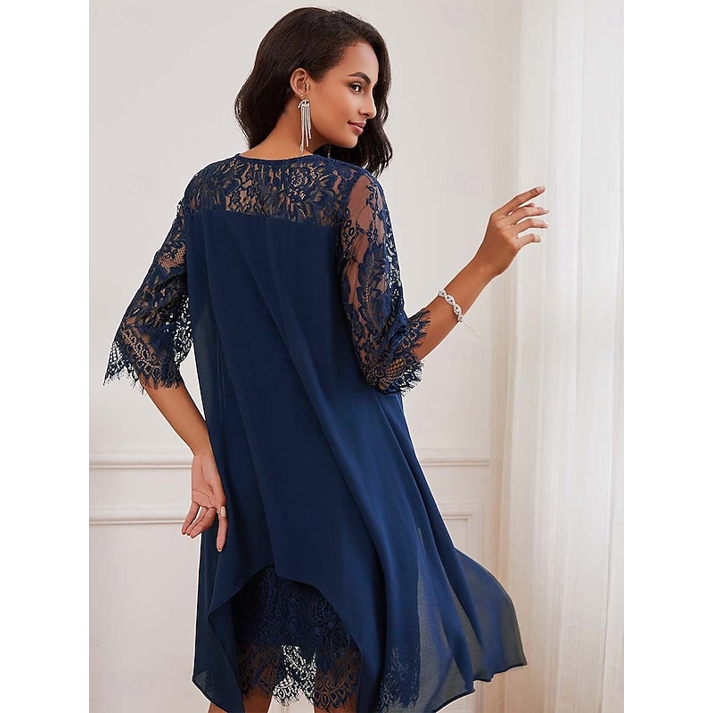 Women's Wedding Guest Dress Plain Dress Midi Dress Lace Chiffon Patchwork Casual Crew Neck 3/4 Length Sleeve Cocktail Dresses Formal Dresses Blue Color2