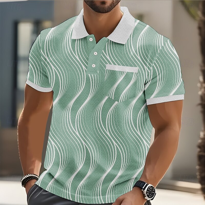 Men's Line Polo Short Sleeve Polo Shirts Collared Shirts Business Casual Outdoor Athleisure Daily Wear Pocket 3D Print Buttons Summer Green