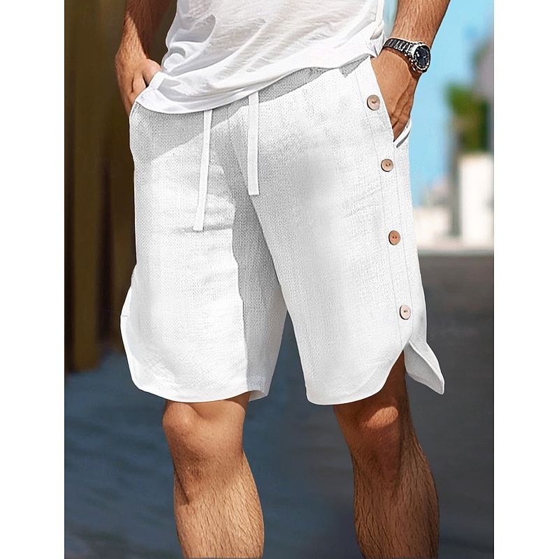 Men's Shorts Linen Shorts Summer Shorts Buttons Front Pocket Straight Leg Plain Comfort Breathable Knee Length Outdoor Vacation Party Fashion Basic Black White