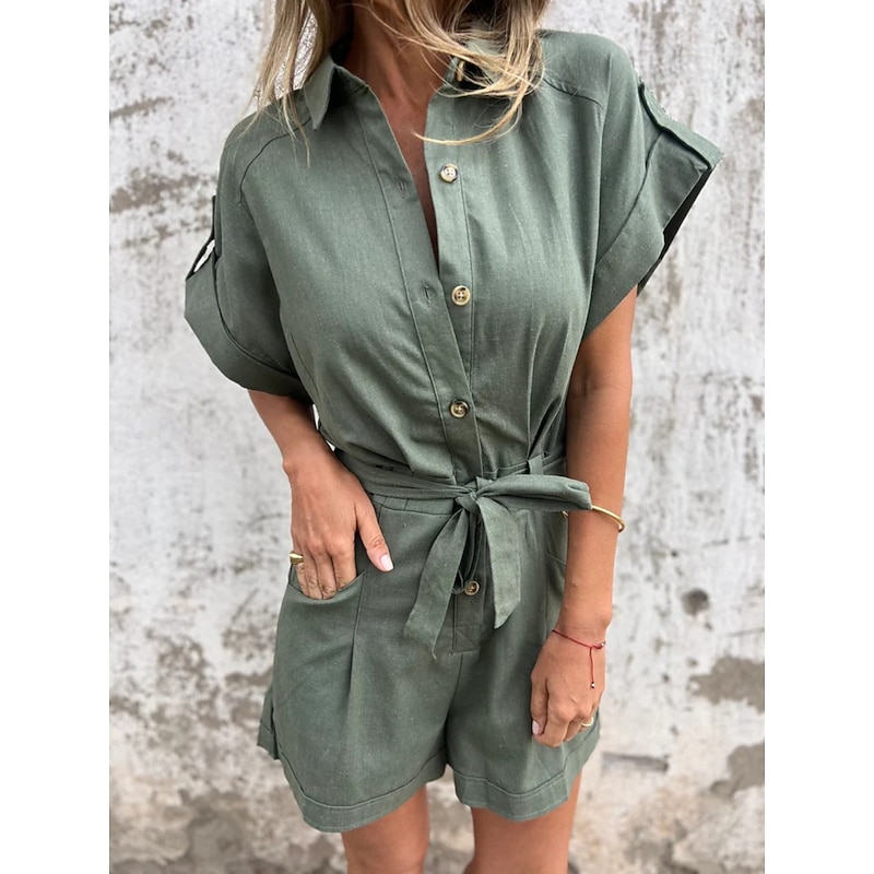 Women's Active Basic Cotton Linen Sets Short Sleeve Shirt Collar Solid Color Casual Daily Green Summer Regular Fit