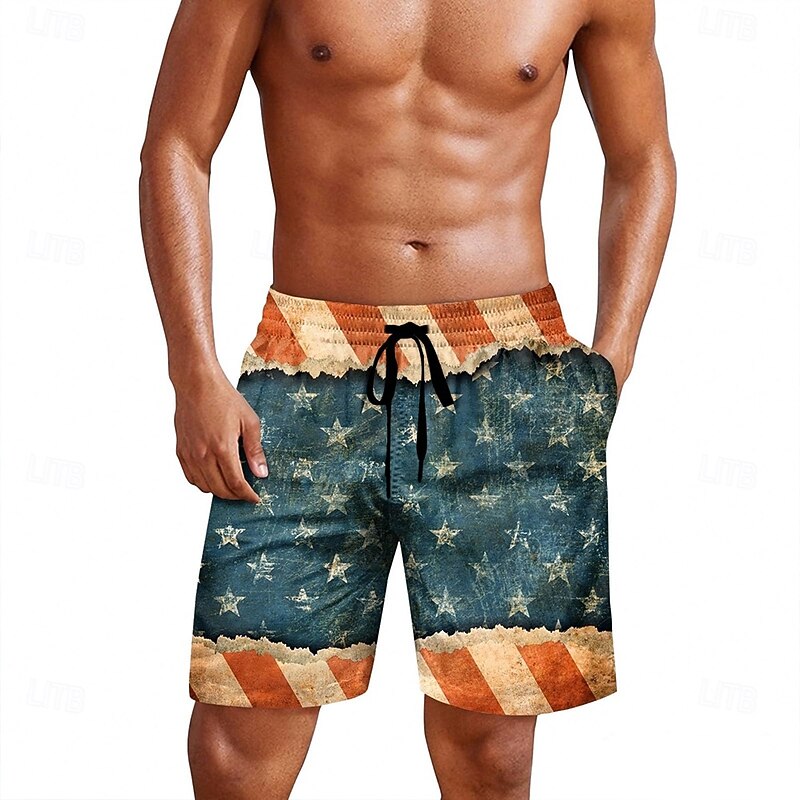 Independence Day Men's US Flag Patriotic Fourth of July Swim Trunks Swim Shorts Board Shorts Mid Waist Retro Vintage Holiday Side Pockets Mesh Lining Elastic Drawstring Waist Designer Clothing Apparel2