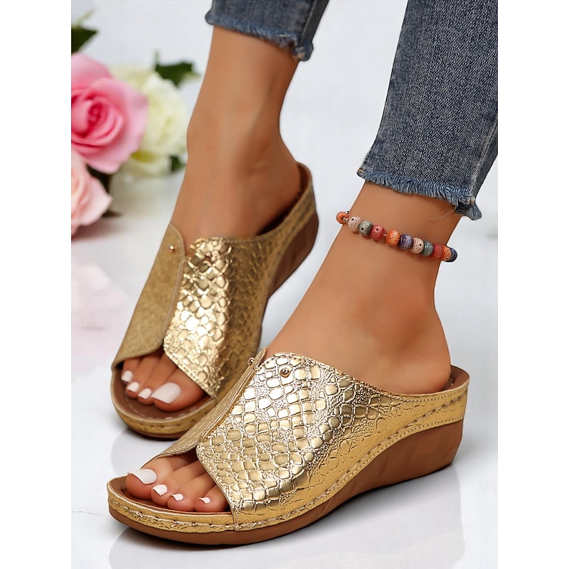 Women's Gold Croc-Embossed Slide Sandals with Wedge Heel – Stylish Open-Toe Slip-On Shoes, Perfect for Beach Vacations, Garden Parties, Poolside Brunch & Summer Strolls