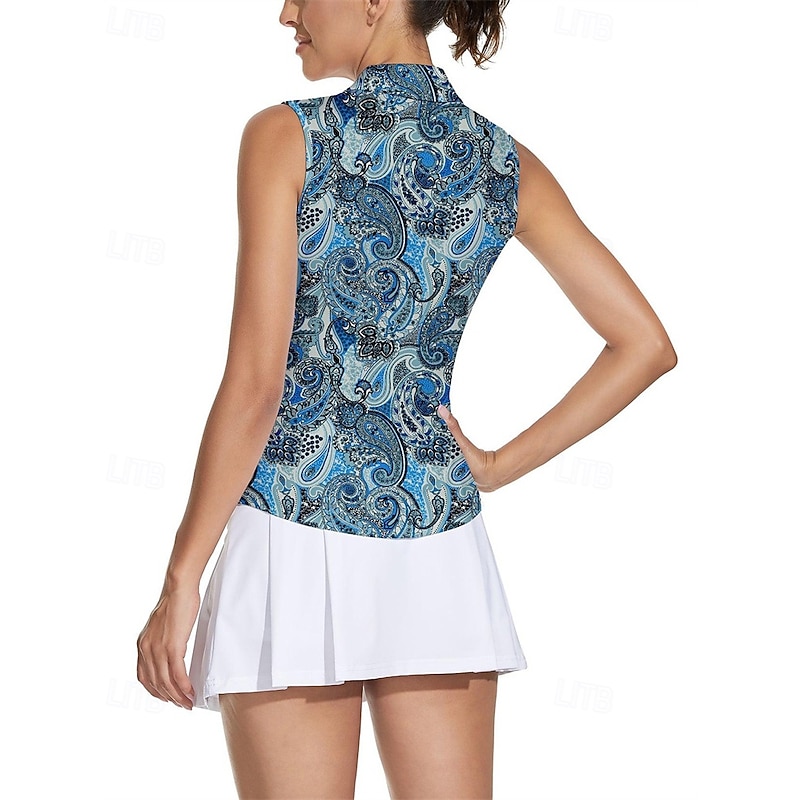 Women's Vintage Tennis Shirt Sleeveless Print UPF50+ Quick Dry Tennis Golf Badminton Zip Collar Tee Tshirt Top Blue Tennis Clothing3