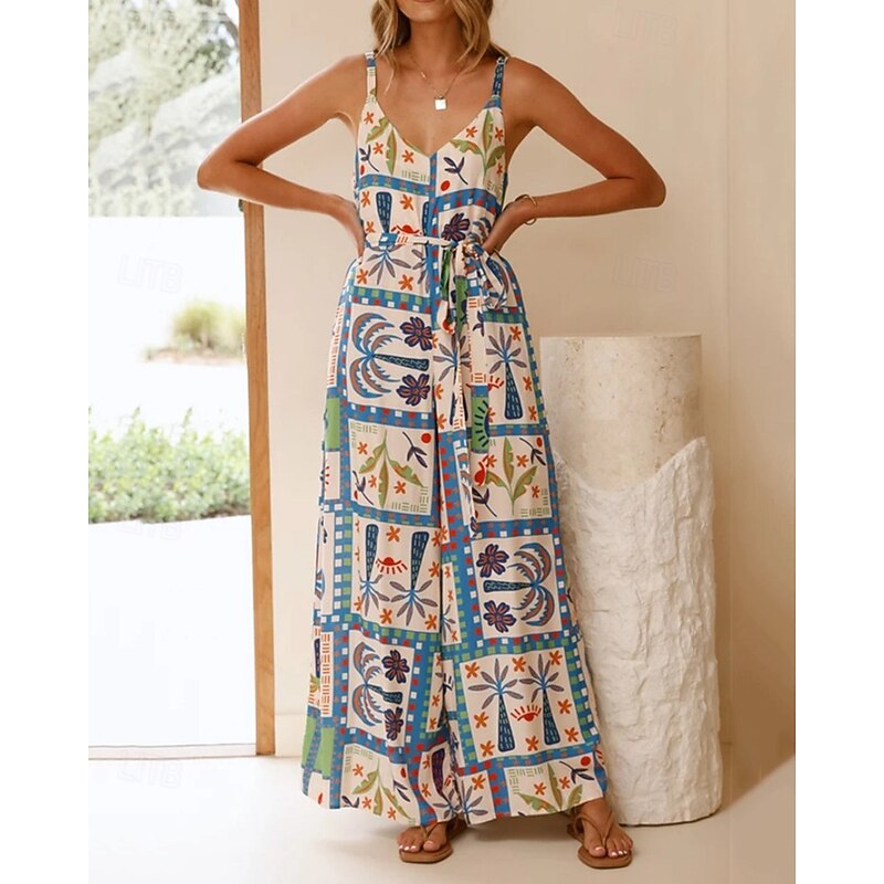 Women's Normal Jumpsuit Casual Floral Sleeveless Wide Leg V Neck Print Street Daily Regular Fit Blue Summer2