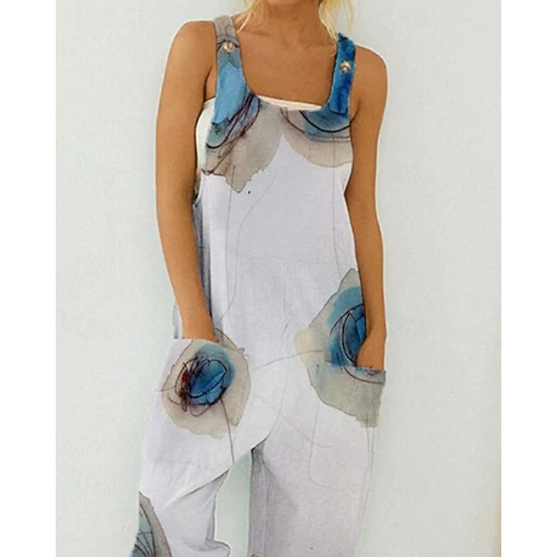 Women's Normal Jumpsuit Streetwear Floral Sleeveless U Neck Pocket Print Going out Weekend Regular Fit White Summer2