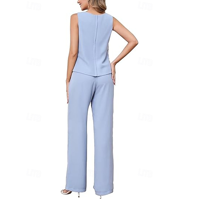 Pantsuit 3 Piece Mother of the Bride Dress Elegant Simple Minimalist Crew Neck Floor Length Ankle Length Chiffon Half Sleeve with Crystals Cascading Ruffles3