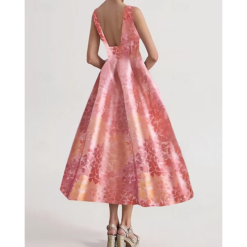 A-Line Cocktail Dresses Elegant Dress Formal Wedding Tea Length Sleeveless Jewel NeckDress Satin with Print Derby Dresses Wedding Guest Dress3