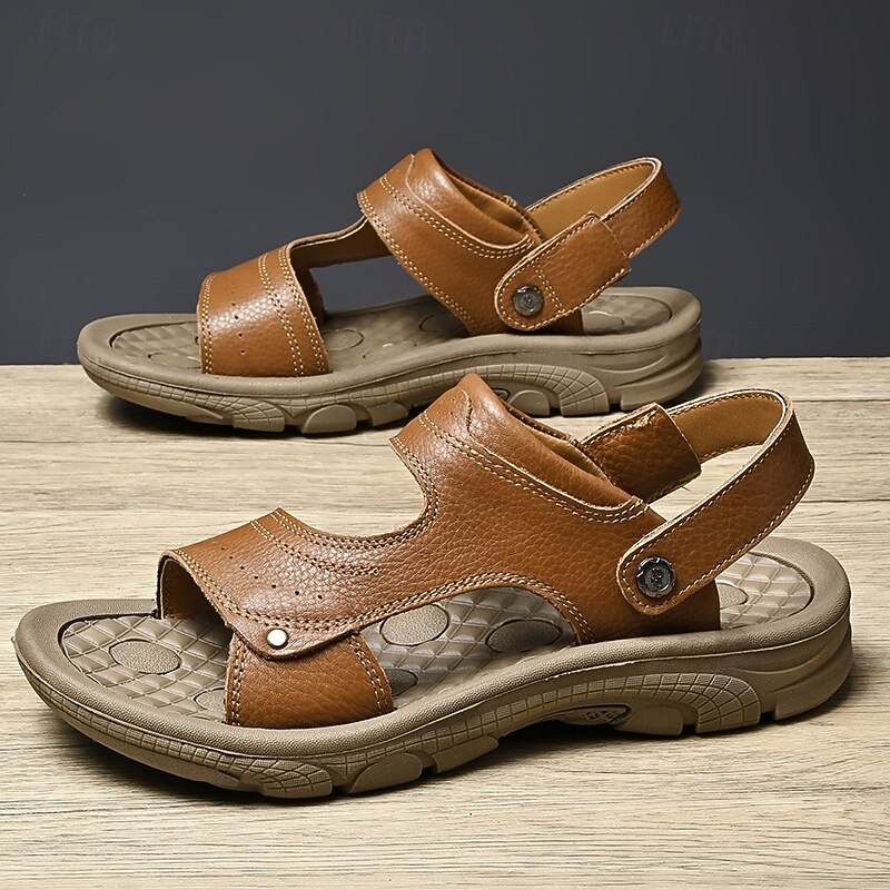 Men's Brown Faux Leather Adjustable Sandals with Velcro Strap - Comfortable Summer Footwear for Outdoor Activities4