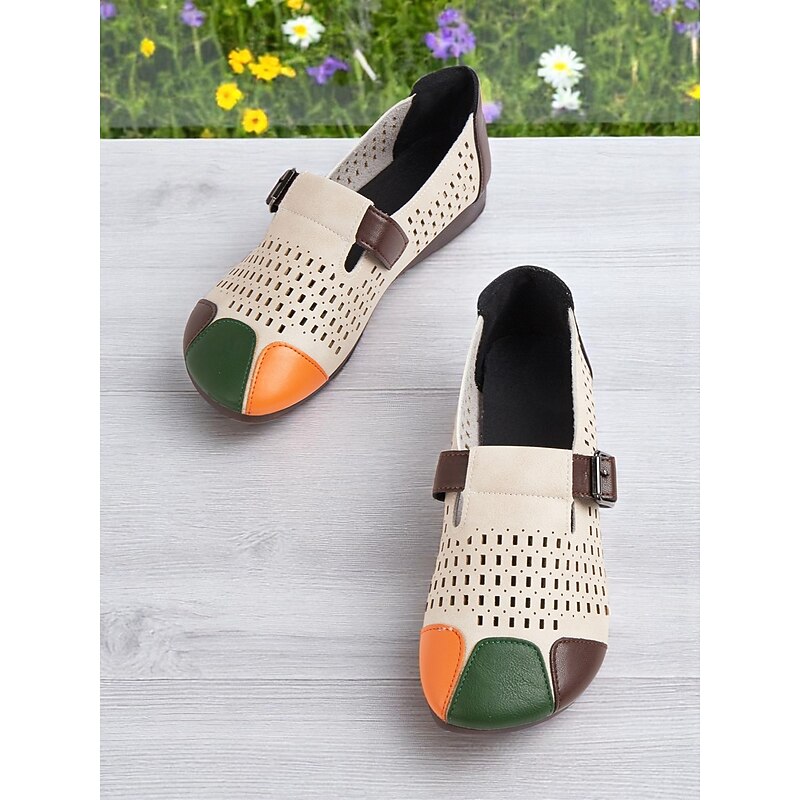 Women's Faux Leather Casual Wide Fit Shoes—Colorblock Comfort Barefoot Shoes, Breathable Cutouts, Adjustable Buckle Strap, Ideal for Garden Strolls, Weekend Outings and Daily Wear4
