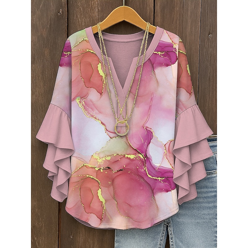Women's Blouse V Neck Layered Ruffle Sleeve Tops Ombre Graphic Abstract Bohemia Vintage Daily 3/4 Length Sleeve Regular Tops Daily Holiday Vacation Wear Print Pink Blue Green Summer Spring Fall4