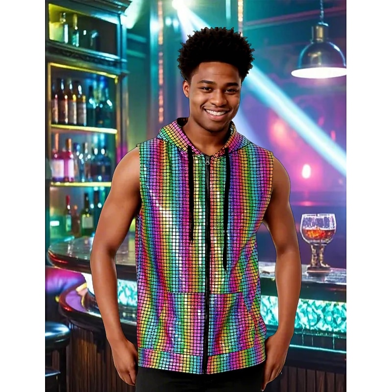 Retro Vintage 1980s Rave Sleeveless Hoodie Disco Zip-Up Grid / Plaid Fancy Dress Men's Halloween Carnival Music Festival Pride Parade Gay Club Adults' Vest All Seasons3