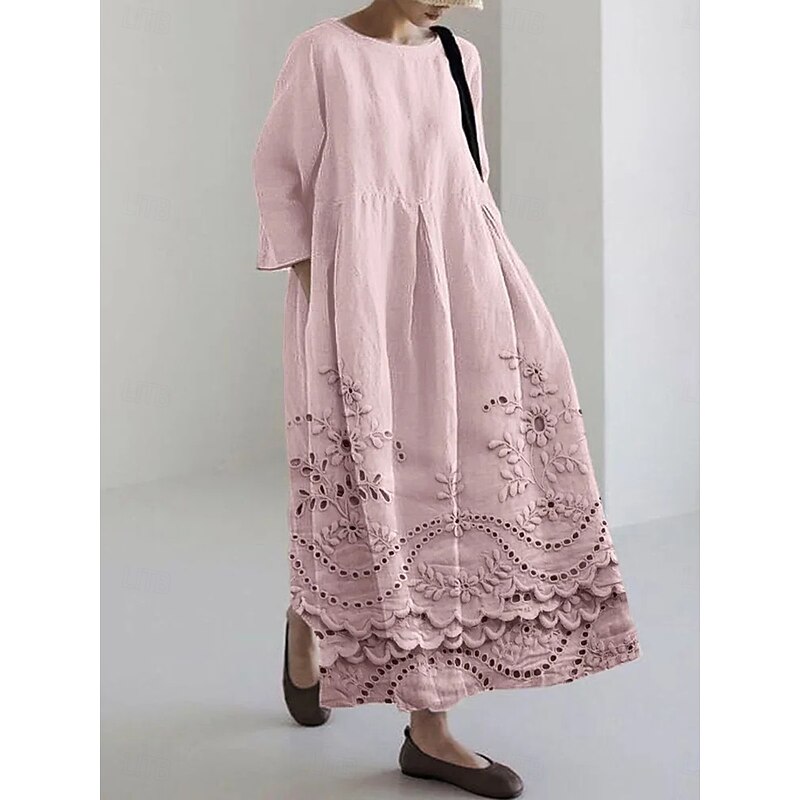 Women's Maxi Dress Sundress A Line Dress Summer Dress Vacation Casual Beach Daily Holiday Going out Loose Fit Floral Graphic Long Sleeve Crew Neck Boat Neck White Pink Blue Summer Spring3
